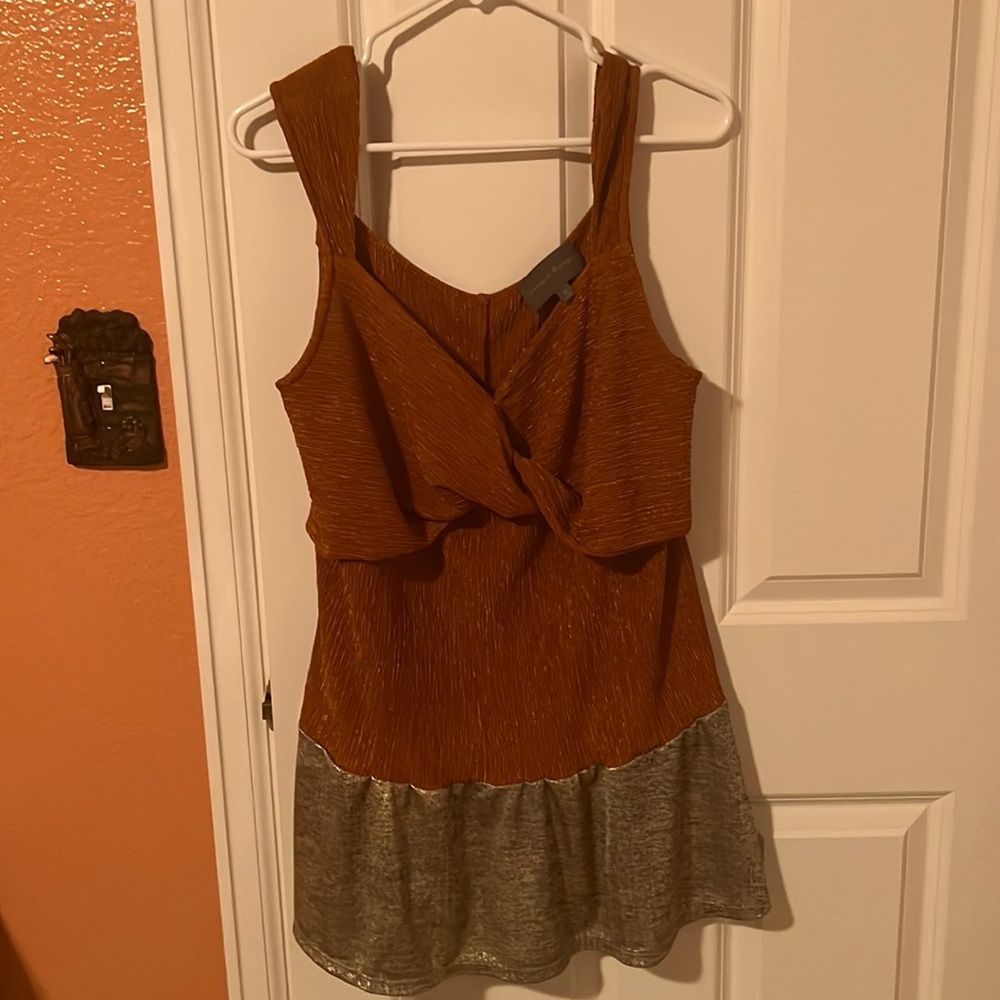 Sunday in Brooklyn- Anthropologie   Longer, fancy, rust colored tank top.